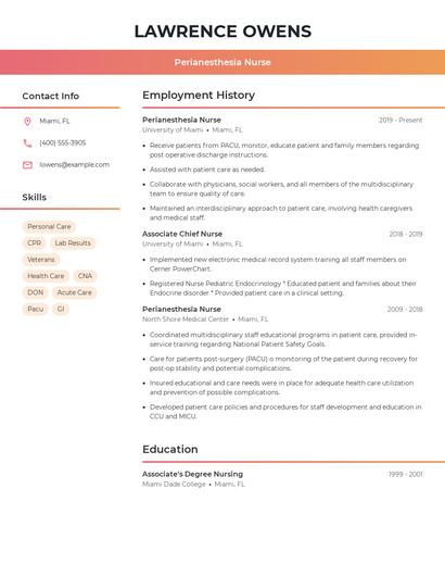 Perianesthesia Nurse Resume
