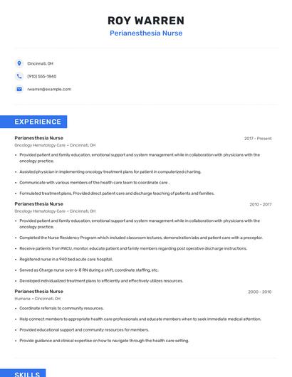 Perianesthesia Nurse Resume