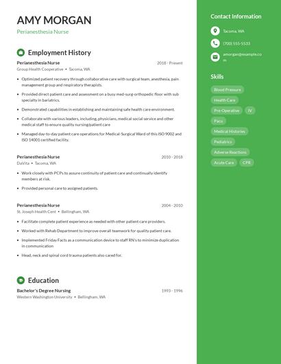 Perianesthesia Nurse Resume