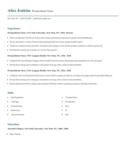 Perianesthesia Nurse Resume