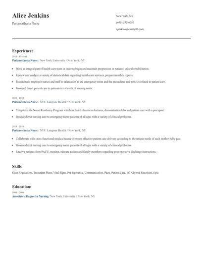 Perianesthesia Nurse Resume
