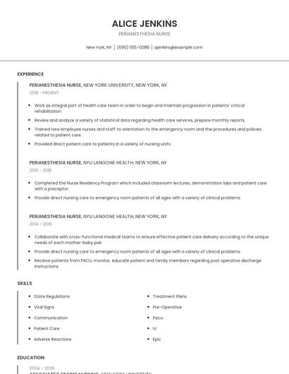 Perianesthesia Nurse Resume