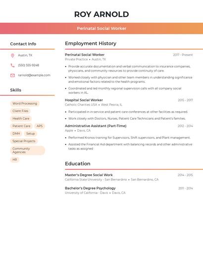 Perinatal Social Worker Resume