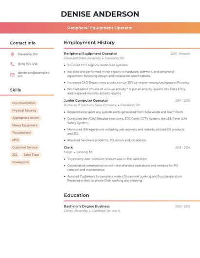 Peripheral Equipment Operator Resume