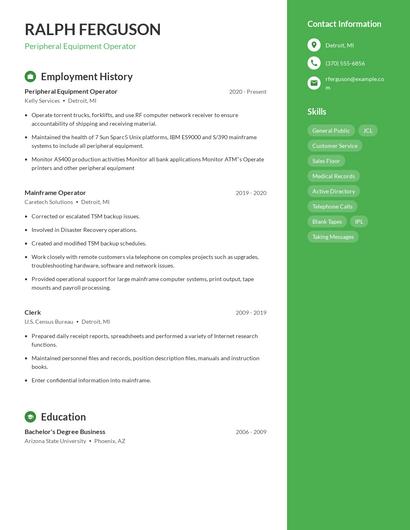 Peripheral Equipment Operator Resume