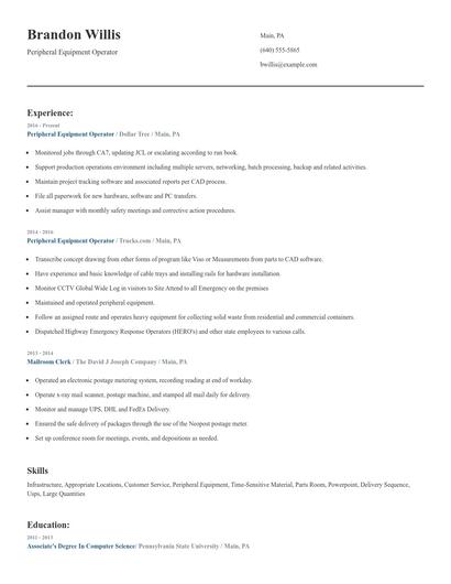 Peripheral Equipment Operator Resume