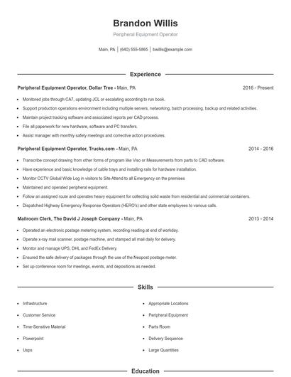 Peripheral Equipment Operator Resume