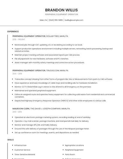 Peripheral Equipment Operator Resume