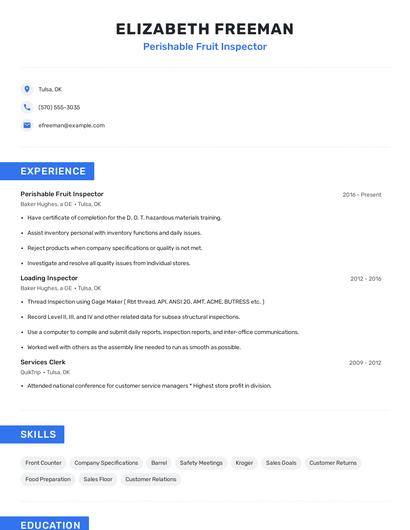 Perishable Fruit Inspector Resume