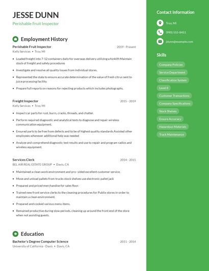 Perishable Fruit Inspector Resume