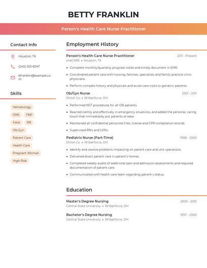 Person's Health Care Nurse Practitioner Resume