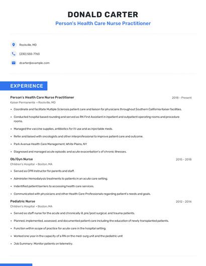 Person's Health Care Nurse Practitioner Resume
