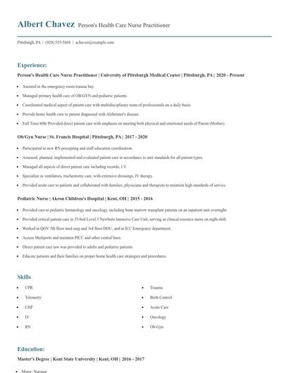 Person's Health Care Nurse Practitioner Resume