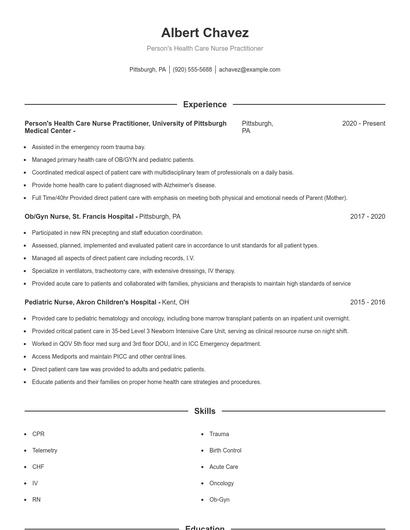 Person's Health Care Nurse Practitioner Resume