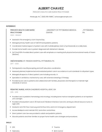 Person's Health Care Nurse Practitioner Resume