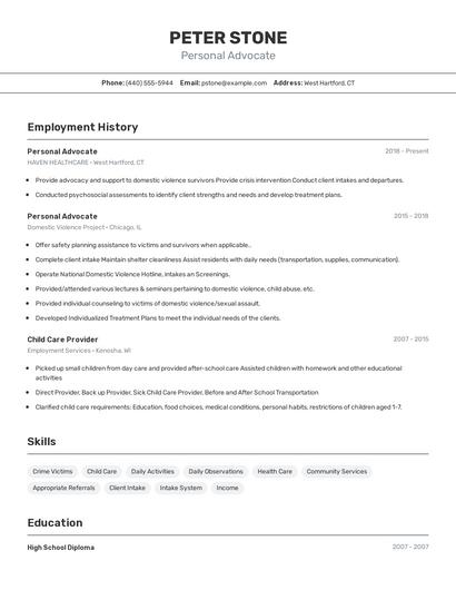 Personal Advocate Resume