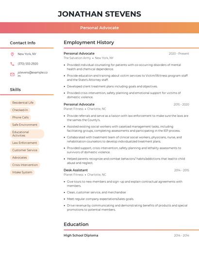 Personal Advocate Resume