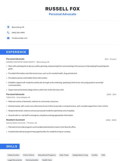 Personal Advocate Resume