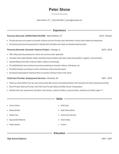Personal Advocate Resume