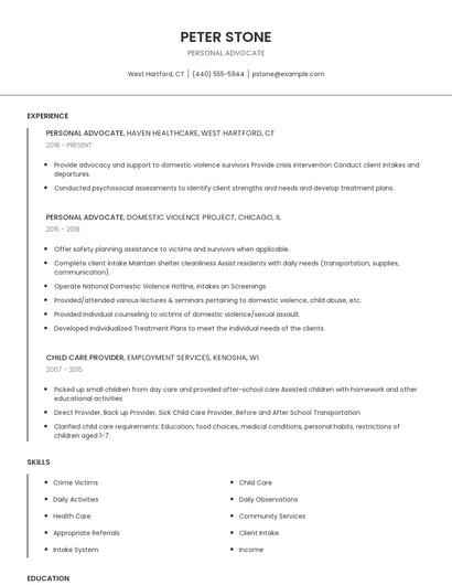 Personal Advocate Resume