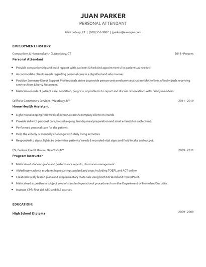 Personal Attendant Resume