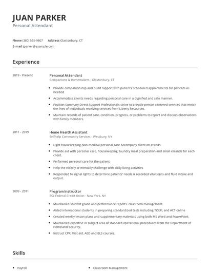 Personal Attendant Resume