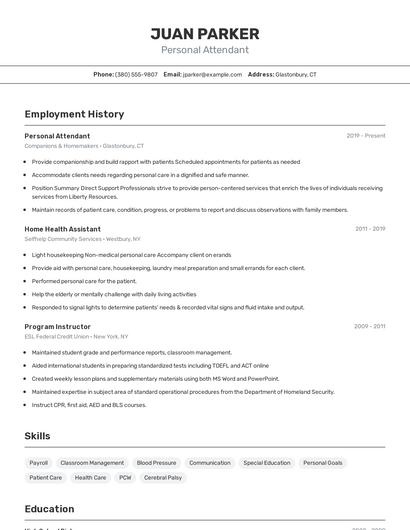 Personal Attendant Resume