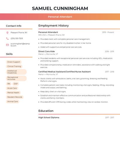 Personal Attendant Resume