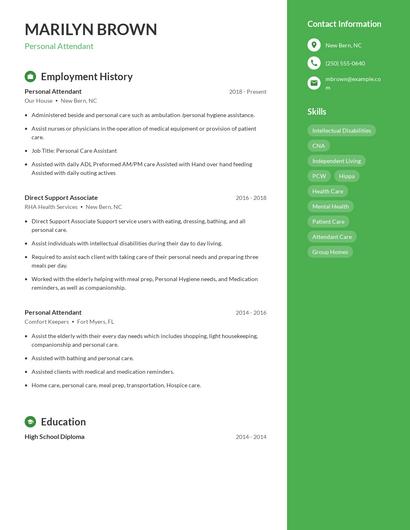 Personal Attendant Resume