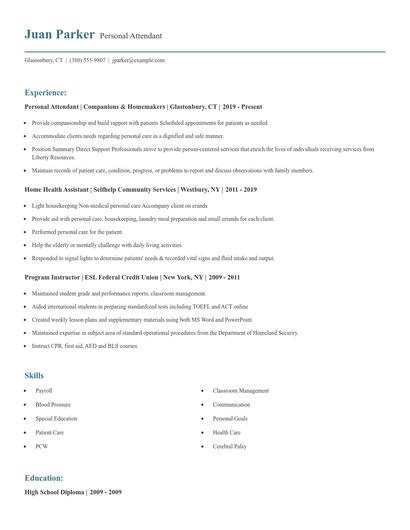 Personal Attendant Resume