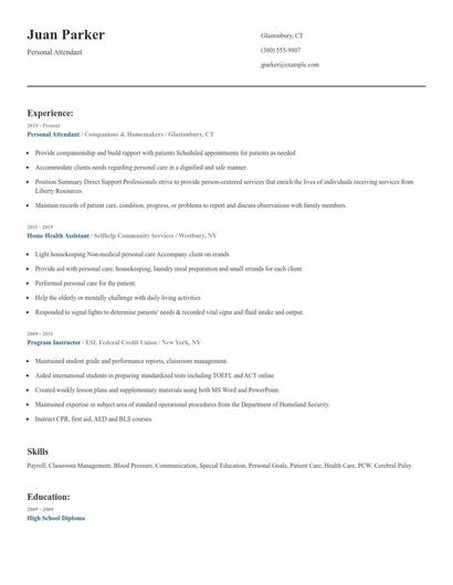 Personal Attendant Resume