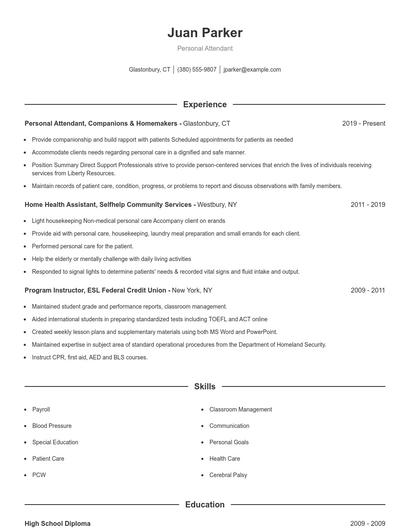 Personal Attendant Resume