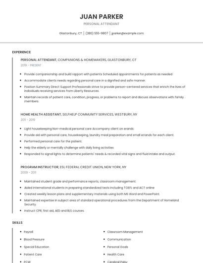 Personal Attendant Resume