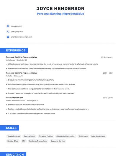 Personal Banking Representative Resume