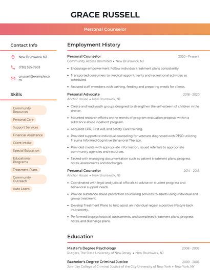 Personal Counselor Resume