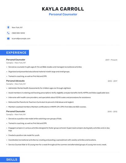Personal Counselor Resume