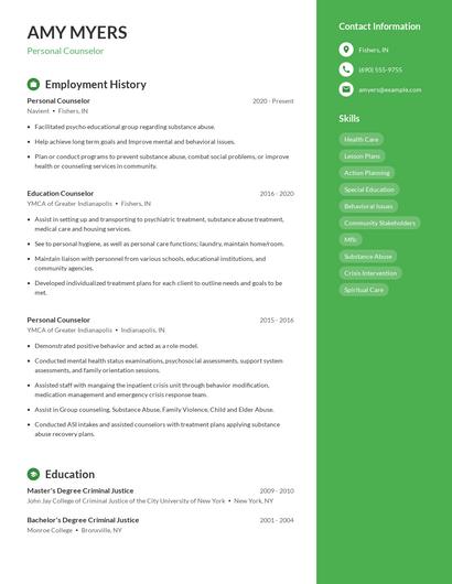 Personal Counselor Resume