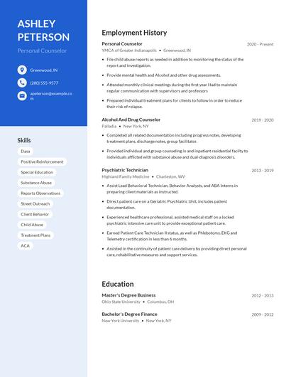 Personal Counselor Resume