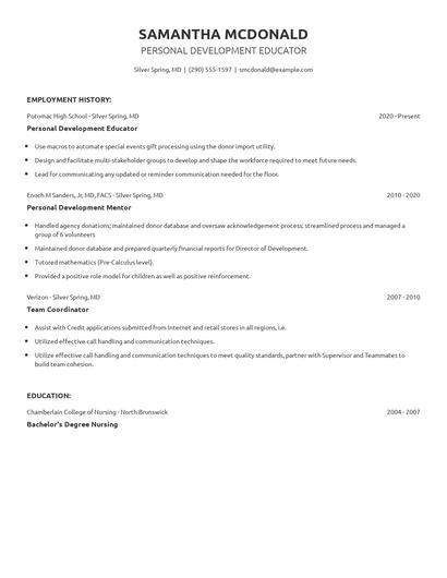 Personal Development Educator Resume