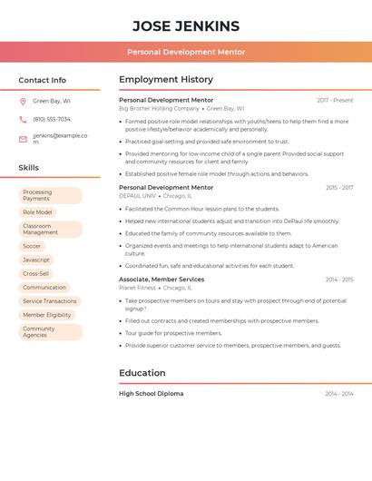 Personal Development Mentor Resume