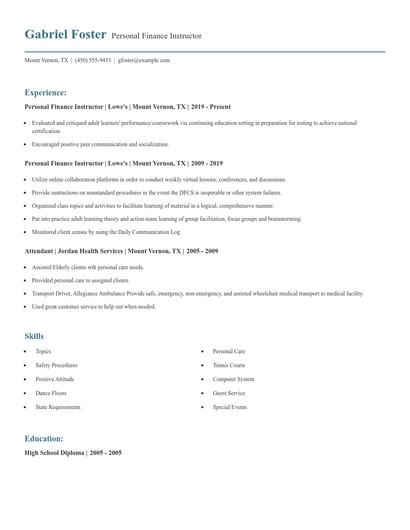 Personal Finance Instructor Resume
