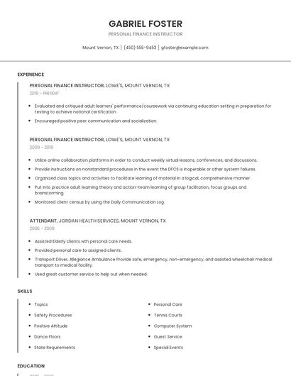 Personal Finance Instructor Resume