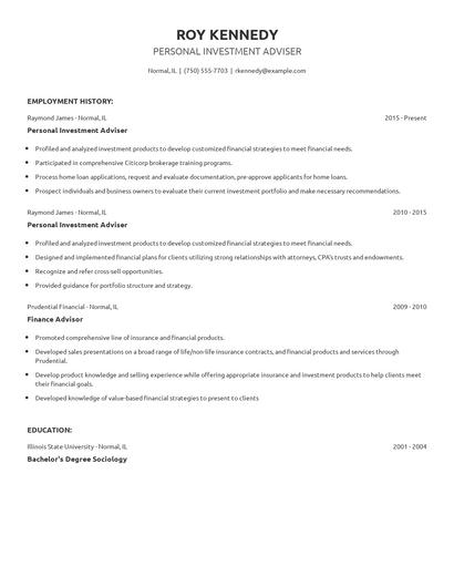 Personal Investment Adviser Resume