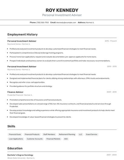 Personal Investment Adviser Resume