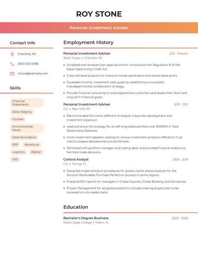 Personal Investment Adviser Resume