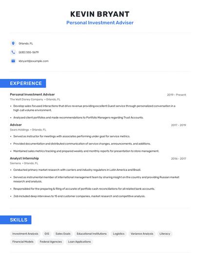 Personal Investment Adviser Resume