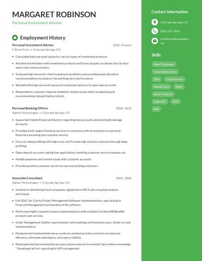 Personal Investment Adviser Resume