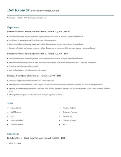 Personal Investment Adviser Resume