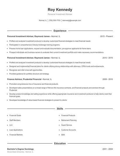 Personal Investment Adviser Resume