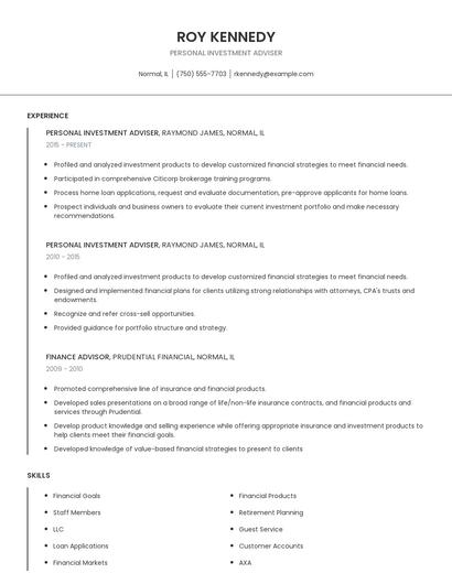 Personal Investment Adviser Resume
